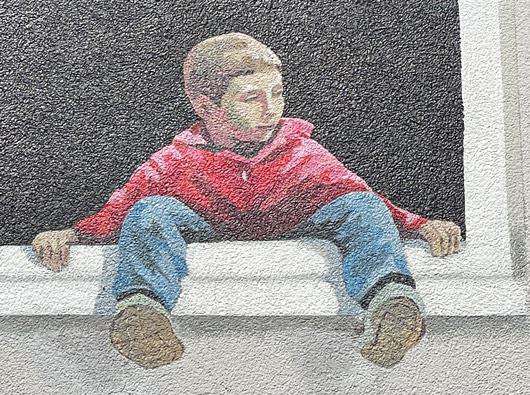 Kind, Nachdenklichkeit, Wandbild, Fensterbank, Jugend, Kunst,