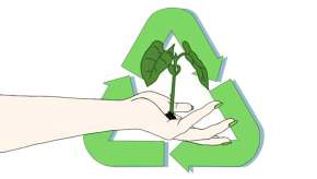 Eine Hand hält eine wachsende Pflanze vor dem Recycling-Symbo nachhaltigkeit, recycling, pflanze, umweltschutz, grün, symbol, verantwortung, natur, ökologie